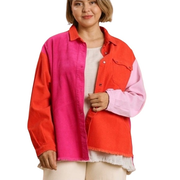 UMGEE Size L Colorblock Pink Orange Corduroy Shacket Shirt Jacket - Picture 2 of 12